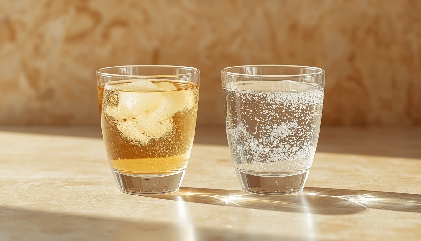Comparación visual: un vaso con agua amarillenta (turbia por calima) frente a un vaso con agua cristalina y pura.