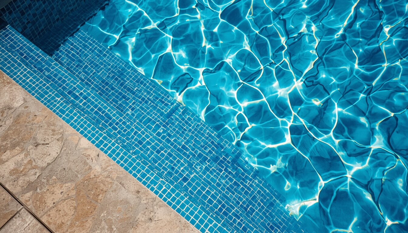 Detalle de los escalones y el fondo de mosaico azul de una piscina con agua cristalina en España.