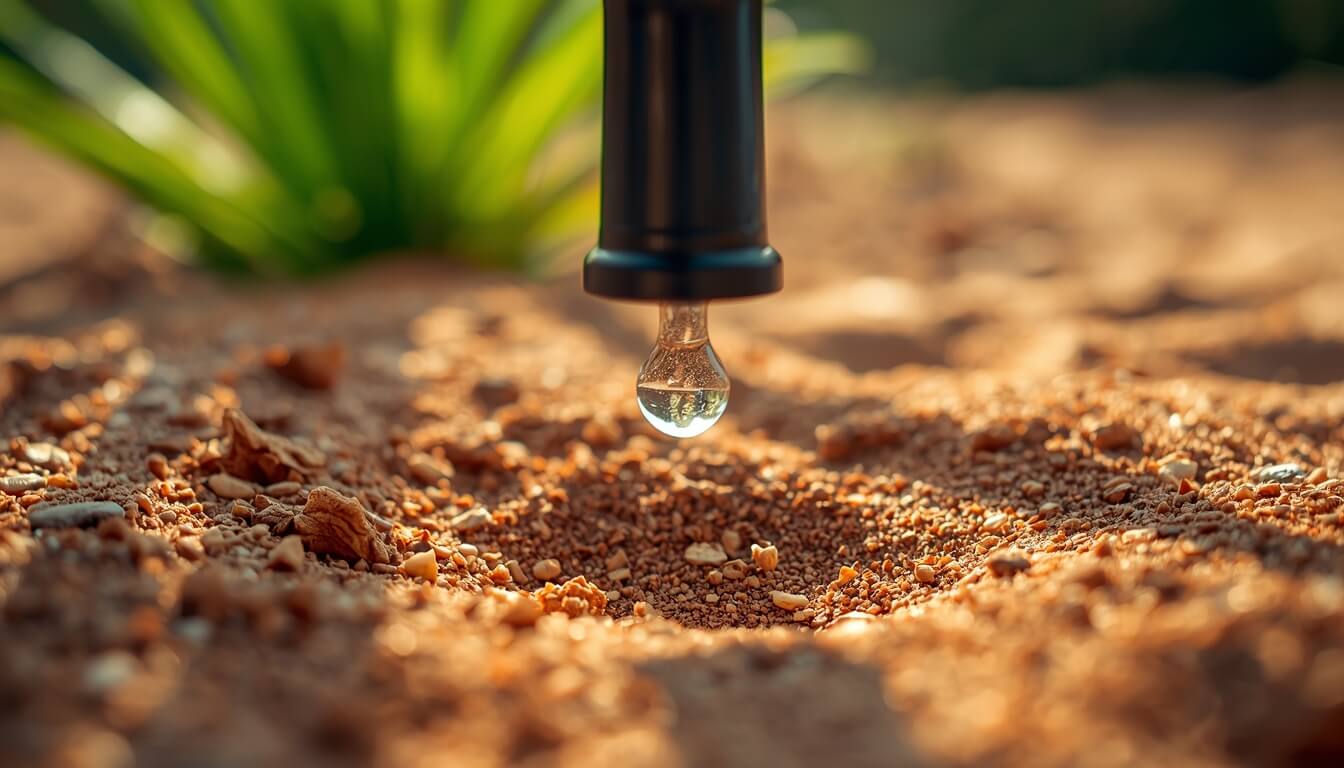 Primer plano de un emisor de riego por goteo eficiente, clave para el ahorro de agua en jardines.