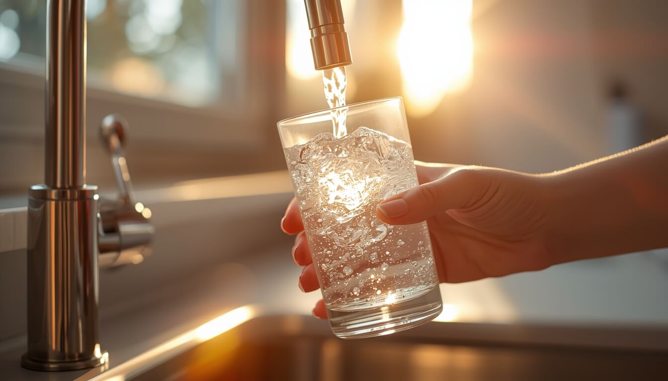 Agua pura servida en un vaso de cristal directamente del grifo tras filtración por ósmosis inversa.