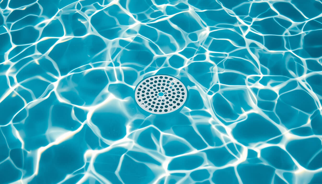 Primer plano de un sumidero de piscina limpio, parte del sistema de filtración y circulación de agua.