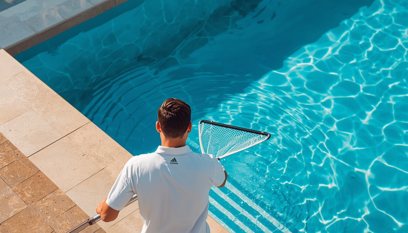 Técnico profesional de Expertos en Agua limpiando una piscina moderna en España con una red.