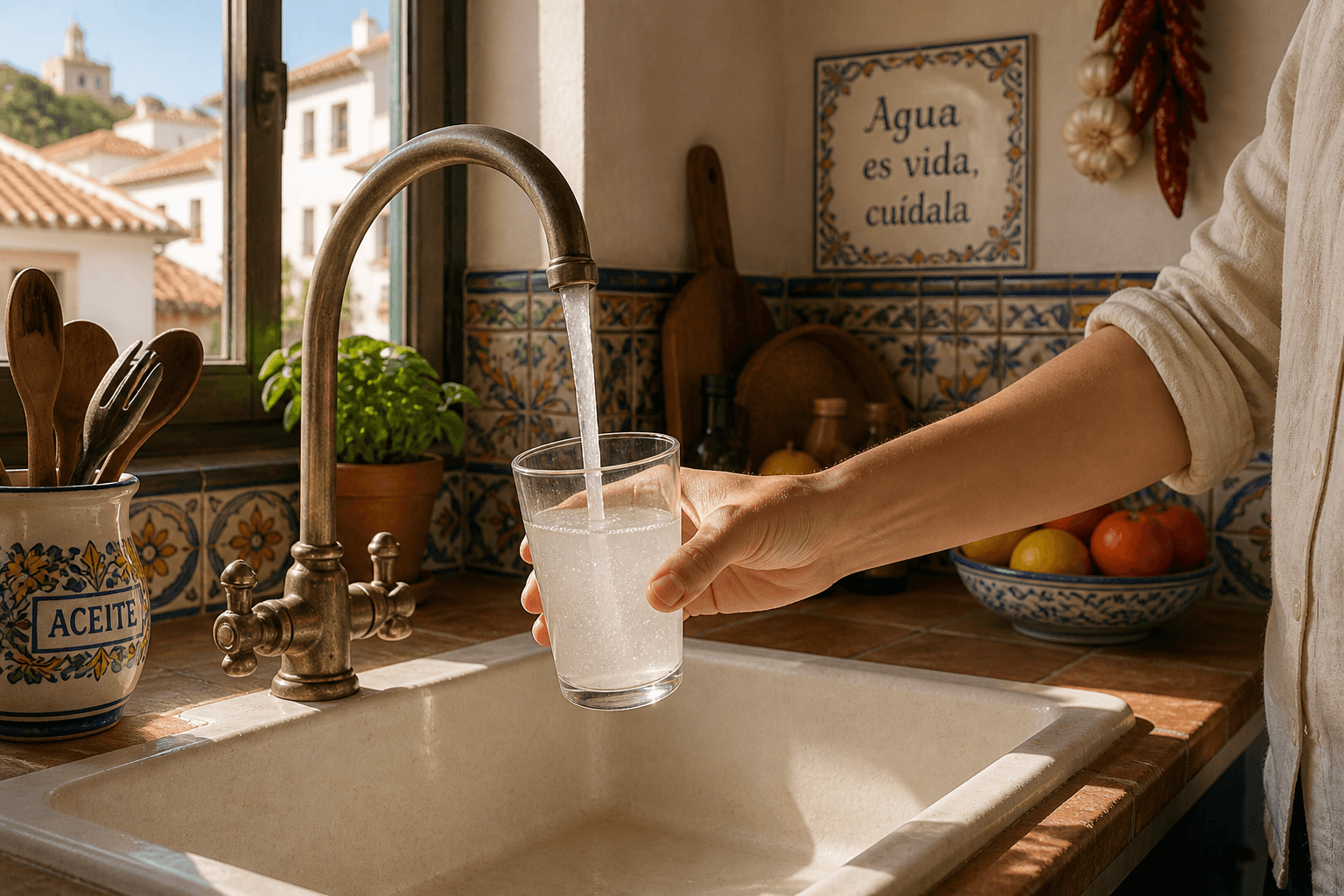 Mujer llenando un vaso de agua del grifo en una cocina española tradicional, ilustrando la calidad del agua.