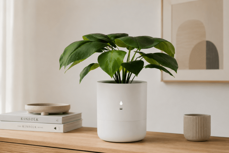 Macetero inteligente con sistema de autorriego automático para plantas de interior como Monstera.
