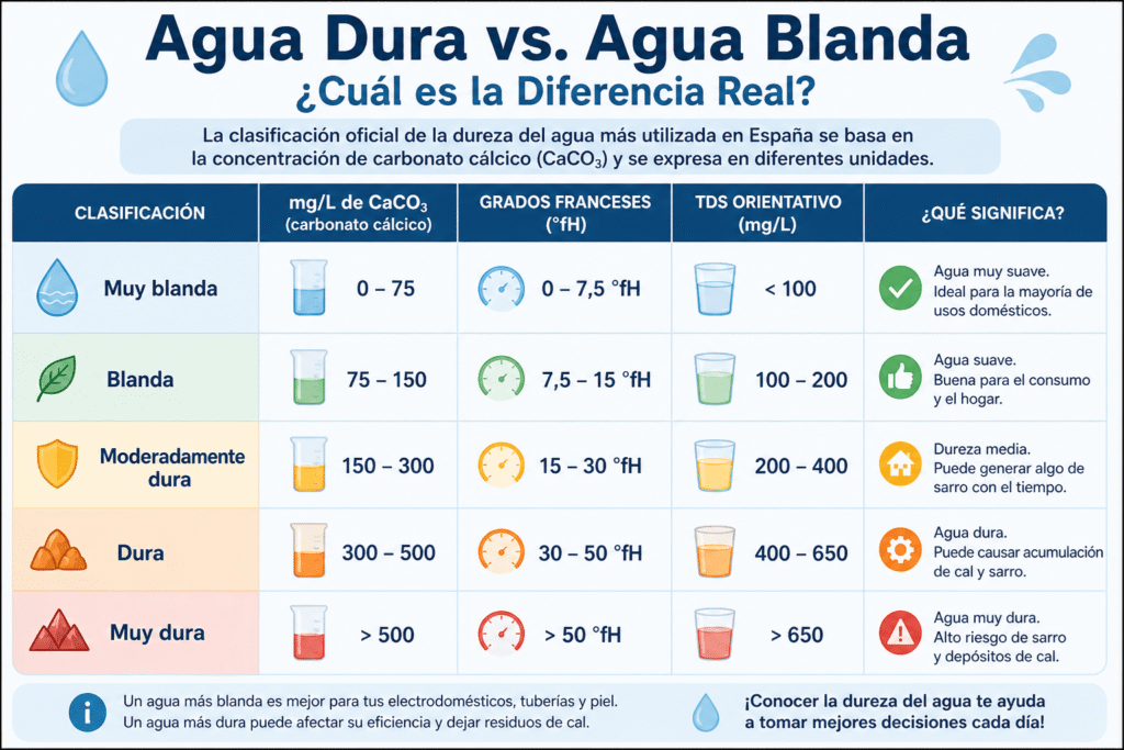 tabla comparativa dureza del agua mgL grados franceses y TDS España