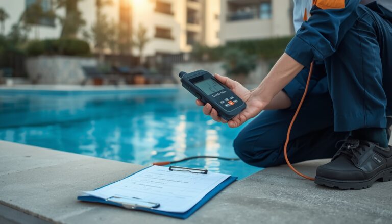 Técnico revisando los niveles de cloro y legionela en una piscina comunitaria en España